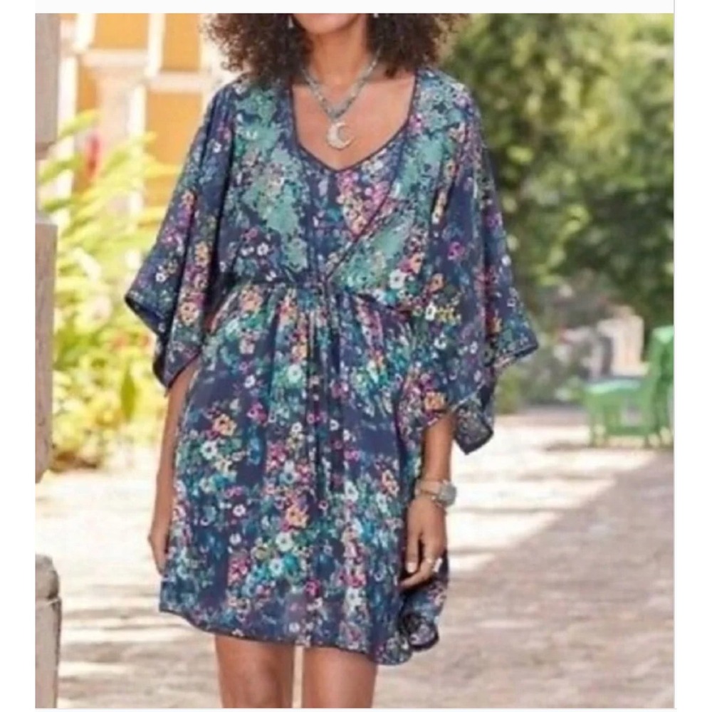 Sundance Kimono Slip Dress Set Womens Sz L Blue Floral Embroidered Sheer